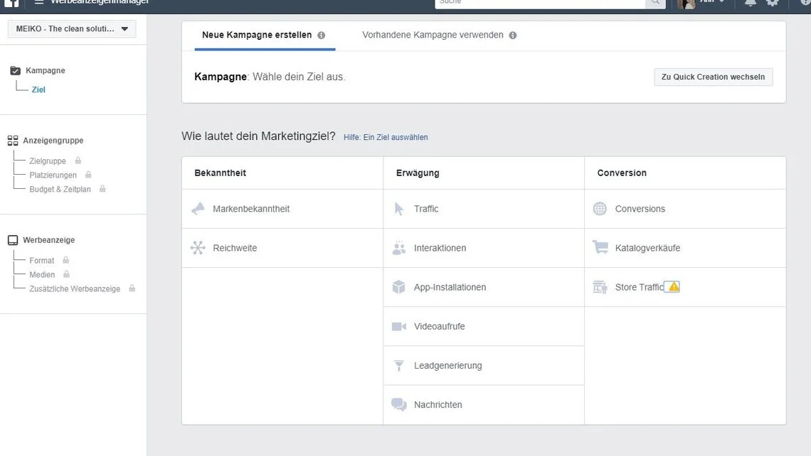 FB Ads erstellen -  erstens Ziel auswählen