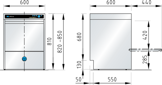 Dimension diagram: UPster U 500 commercial dishwasher Dimension diagram: UPster U 500 commercial dishwasher