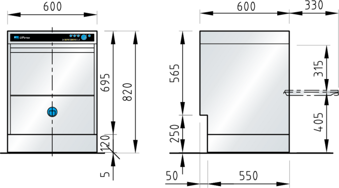 Dimension diagram: UPster U 500 G commercial dishwasher Dimension diagram: UPster U 500 G commercial dishwasher