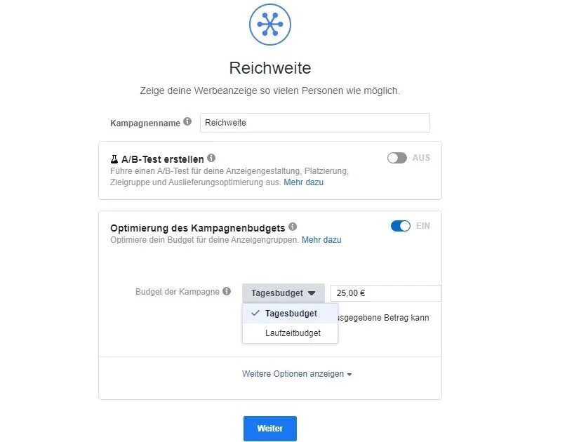 FB Ads erstellen - zweitens Tages- oder Laufzeitbudget festlegen