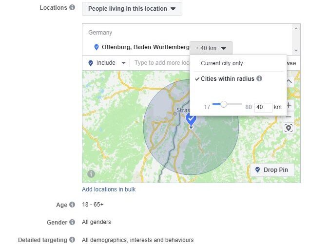 3) Define your target audience by location (this could be your delivery radius) Creating FB Ads – thirdly define your target audience by location